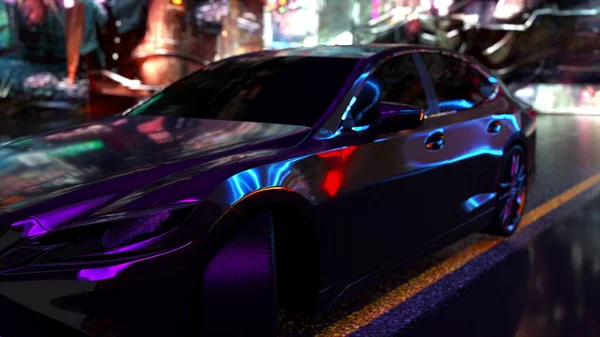 Carro moderno em uma rua da cidade à noite, gerado por computador. Composição cyberpunk. 3d renderização videogame fundo. — Fotografia de Stock