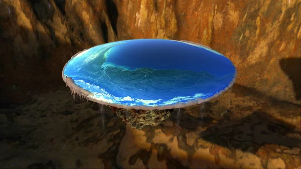 Flache Erde mit Naturlandschaft, uralter Glaube an flache Erdkugel in Form einer Scheibe, 3D-Darstellung — Stockfoto
