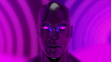 Geometrik neonun önünde yanardöner bir parıltıyla insan kafası, üç boyutlu görüntüleme. Bilgisayar tarafından oluşturulan sanal arkaplan.