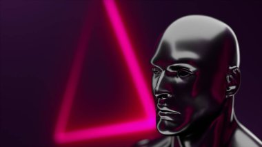 Geometrik neonun önünde yanardöner bir parıltıyla insan kafası, üç boyutlu görüntüleme. Bilgisayar tarafından oluşturulan sanal arkaplan.