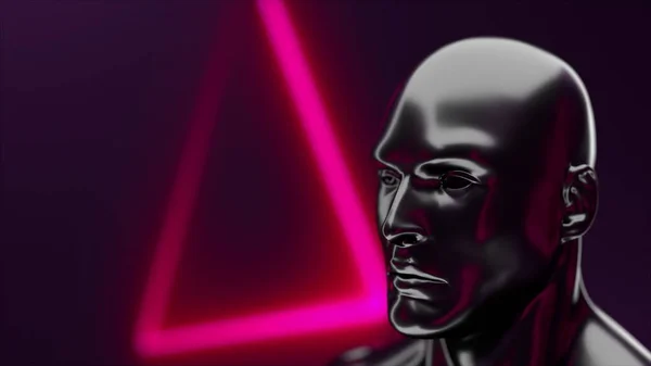 Geometrik neonun önünde yanardöner bir parıltıyla insan kafası, üç boyutlu görüntüleme. Bilgisayar tarafından oluşturulan sanal arkaplan. — Stok fotoğraf