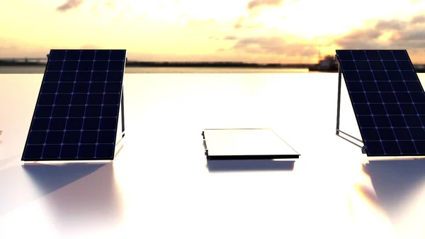 Σειρά από ηλιακές μπαταρίες σε μια ματ επιφάνεια ενάντια στον ουρανό, 3d απόδοση. Οικολογικό υπόβαθρο παραγόμενο από υπολογιστή. — Φωτογραφία Αρχείου
