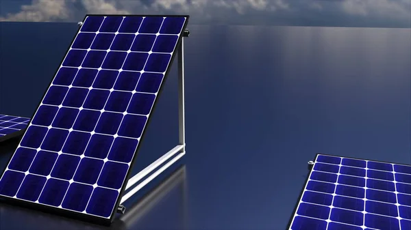 Rij van zonne-batterijen op een mat oppervlak tegen de hemel, 3d rendering. Computergegenereerde ecologische achtergrond. — Stockfoto
