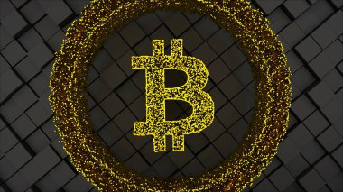 Birçok parçacık ve kare yüzeye sahip Bitcoin para sembolü, bilgisayar tarafından oluşturulan soyut teknoloji arkaplanı
