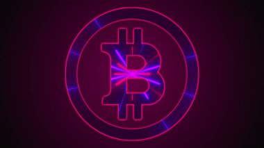 Neon çizgileri olan bitcoin. Bilgisayar tarafından oluşturulan dijital simge. Web arkaplanı üzerinden 3D şifreleme