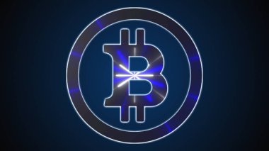 Neon çizgileri olan bitcoin. Bilgisayar tarafından oluşturulan dijital simge. Web arkaplanı üzerinden 3D şifreleme