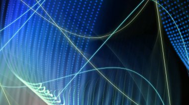 Mavi çizgiler kıvrımlar, ışınlar, parçacıklar ile iç içe geçmiş - modern soyut arkaplan dalgalanması, bilgisayar tarafından oluşturulan illüstrasyon