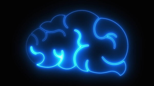 Computer generated icon of the brain with neon light running through the meanders. 3d rendering