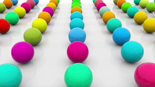 Filas de muchas bolas brillantes coloridas, fondo isométrico, fondo de representación 3d generado por computadora — Foto de Stock