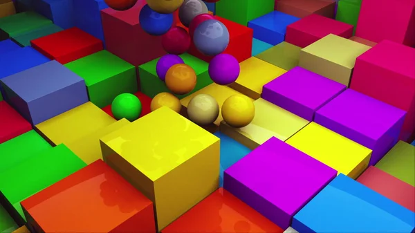 Computer generato sfondo multicolore palle isometriche scatter su cubi, vista dall'alto. Rendering 3D — Foto Stock