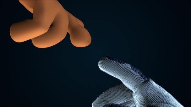 Dos manos extendiéndose entre sí en el espacio, renderizado en 3D. Fondo de dibujos animados generados por ordenador. — Vídeo de stock