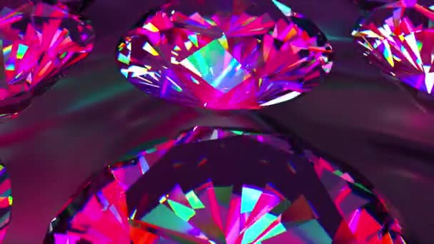 Sparkling iridescent diamonds of fancy round cut style, slowly rotating. Computer generated 3d render. Beautiful background — Stock Video