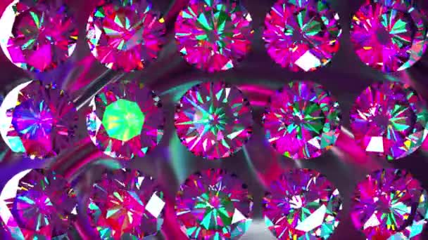 Sparkling iridescent diamonds of fancy round cut style, slowly rotating. Computer generated 3d render. Beautiful background — Stock Video