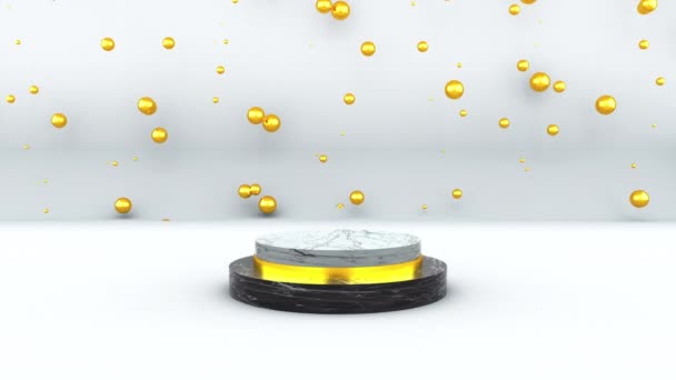 Bilgisayar bir sürü altın baloncuklu mermer kaide üretti. Zafer, başarı, zafer kavramı. Stüdyo arkaplanının 3D canlandırması — Stok video