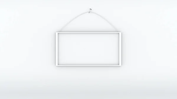 Computergeneriertes weißes Zimmer mit weißem Rand. 3D-Rendering von Hintergrund mit leerem Rahmen, der an einem Nagel hängt. — Stockfoto