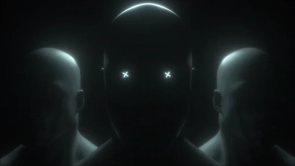 Drei menschliche Köpfe mit Neon in den Augen, 3D-Darstellung. Computergenerierter futuristischer Hintergrund. — Stockfoto