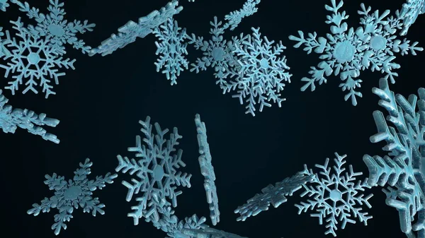 เกล็ดหิมะคริสตัลที่ตกลงมาขนาดใหญ่ คอมพิวเตอร์ที่สร้างขึ้น 3D แสดงพื้นหลังฤดูหนาว — ภาพถ่ายสต็อก