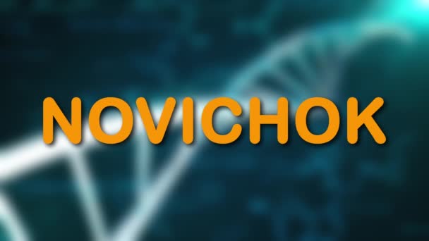 Texto Novichok sobre fondo borroso de ADN, representación 3D generada por computadora del concepto científico o médico — Vídeo de stock
