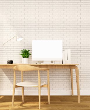 İşyeri ve hafif beyaz tuğla duvar daire ya da ev güneş gün iç tasarımı için sanat - 3d render