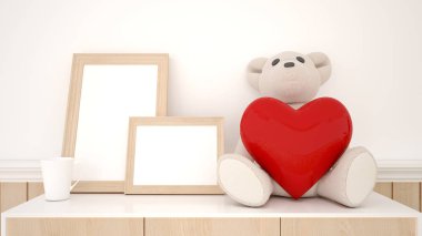 Ayıcık çerçeve resim ve Kupası ahşap dolap - sanat Sevgililer günü için kalp - 3d render
