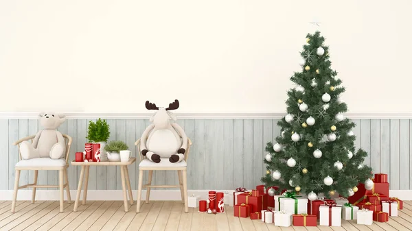 animal doll with christmas tree and gift box in living room or coffee shop -  artwork for Christmas day or happy new year- 3D Rendering
