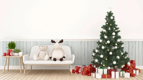 baby animal doll with christmas tree and gift box in living room -  artwork for Christmas day or happy new year- 3D Rendering