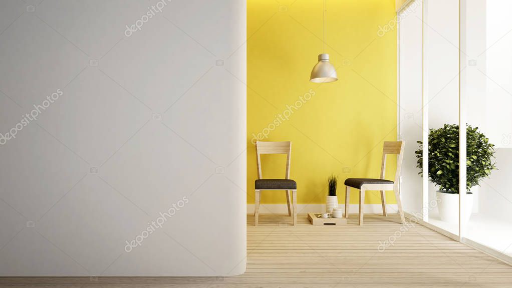 Living room yellow wall and empty space for artwork of apartment or room for rent - Interior Design - 3D Rendering