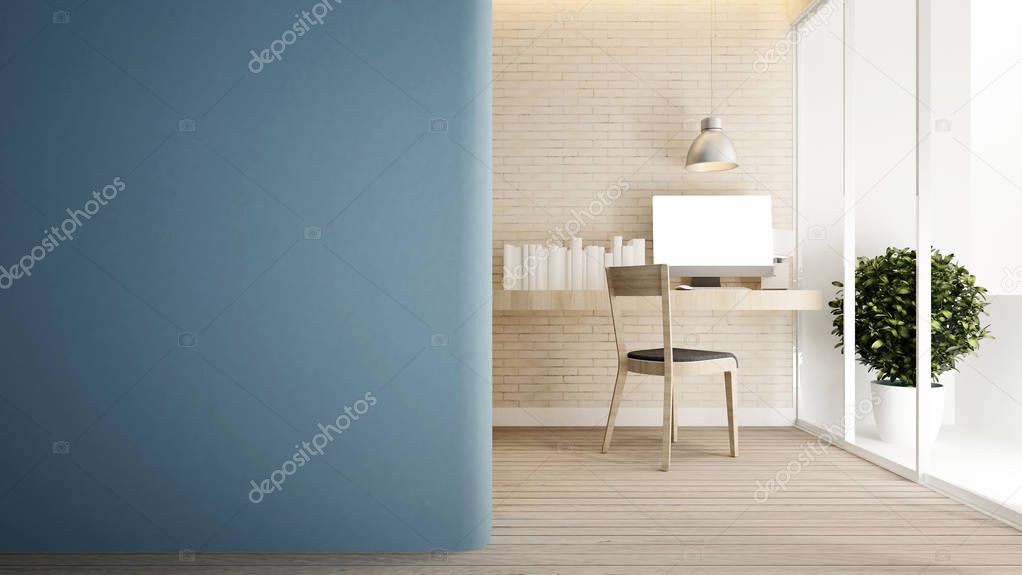 workplace brick wall and empty space blue wall in home or apartment - Interior design for artwork - 3D Rendering