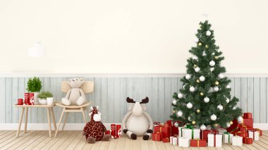 Noel ağacı ve oturma odasında - sanat Noel ve mutlu yeni yıl-3d Rendering için hediye kutusu ile hayvan bebek