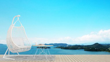 alanı yaşayan veya yemek alanı restoran ya da otel - balkon ve deniz görünümü - sanat için tatil zamanı - görüntü arka plan üzerinde yaşam alanı - 3d render