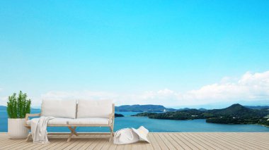 living area or lobby area in condominium or hotel - living area on balcony and sea view - artwork for holiday time - Blur background - 3D Rendering