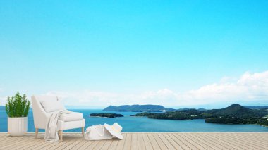 living area or relax area in hotel or condominium on island and sea background - artwork holiday - Blur background - 3D Rendering