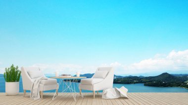 Restoran ya da otel veya kat mülkiyeti - yaşam alanı üzerinde balkon ve deniz manzaralı - sanat salonda için tatil zamanı - görüntü arka plan - 3d render