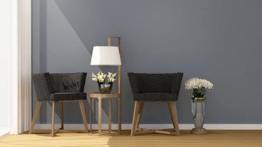 Salon ve balkon daire veya otel - sanat Oda için güneş günü iç basit tasarım - 3d render