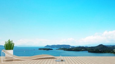 Daybed otel veya kat mülkiyeti - deniz manzaralı terasta oturma alanı Island view ve deniz manzaralı - basit tasarım sanat tatil için zaman - 3d render