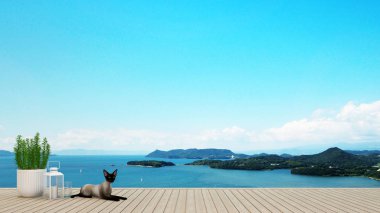 Gri kedi otel ya da Restoran - deniz manzaralı terasta yemek alanı Island view ve deniz manzaralı - basit tasarım sanat tatil için zaman - 3d render