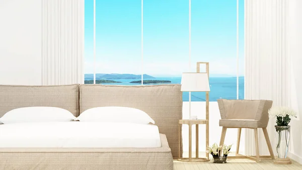 Bedroom and living area in hotel or home on sunshine day - Room of hotel and sea view - artwork for holiday time - Blur background - 3D Rendering