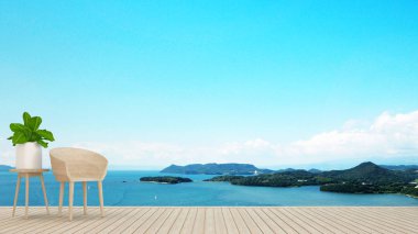 Otel ya da Restoran - deniz manzaralı terasta ahşap sandalye oturma alanı Island view ve deniz manzaralı - basit tasarım sanat tatil için zaman - 3d render