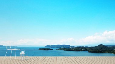Otel veya kat mülkiyeti - deniz manzaralı terasta beyaz sandalye oturma alanı Island view ve deniz manzaralı - basit tasarım sanat tatil için zaman - 3d render