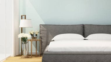 Daire veya otelde sanat odası için güneşli günde Yatak Odası - İç basit tasarım - 3d Rendering