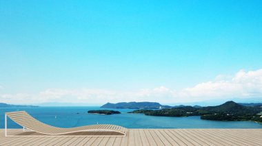 Otel veya tatil zamanı - ada görünümü ve deniz görünümü - yaşam alanı üzerinde balkon Deniz Manzaralı - sanat ile kat mülkiyeti terasta daybed bulanıklık arka plan - 3d render