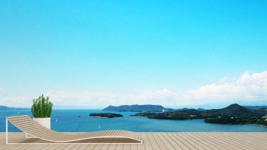 Otel veya kat mülkiyeti için tatil zamanı - deniz görünümü - yaşam alanı üzerinde balkon Deniz Manzaralı - sanat ile terasta daybed bulanıklık arka plan - 3d render