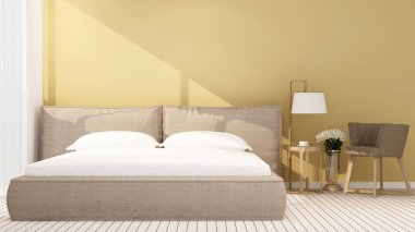 Sarı yatak odası ve yaşam alanı otel veya daire güneş günü - yatak odası sanat Oda için fo daire kiralamak veya diğer oda - 3d render