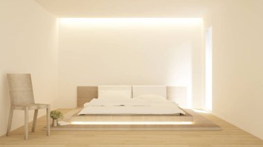 Yatak odası ve yaşam alanı otel veya ev güneş günü - yatak odası Japon tarzı basit tasarım - 3d render