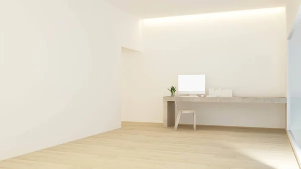 Робоче місце на сонячний день в готелі або будинку - навчальна кімната простого дизайну - 3D Rendering — стокове фото