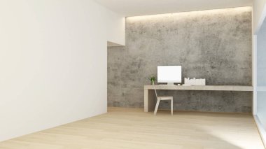 Otel veya ev işyeri güneş gününde beton duvar süslemeleri - çalışma odası basit tasarım - 3d render