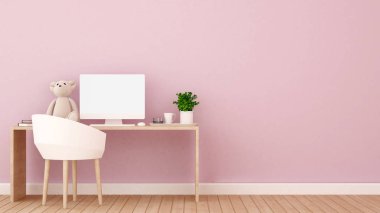 Oyuncak ayı için sanat çocuk odası - pembe duvarda işyerinde çalışma alanı enç boş boşluk daire ya da ev - 3d Rendering için pembe oda resimdeki