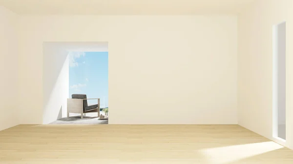 Living room and sea view on sunshine day in apartment or hotel - Interior simple design - 3D Rendering