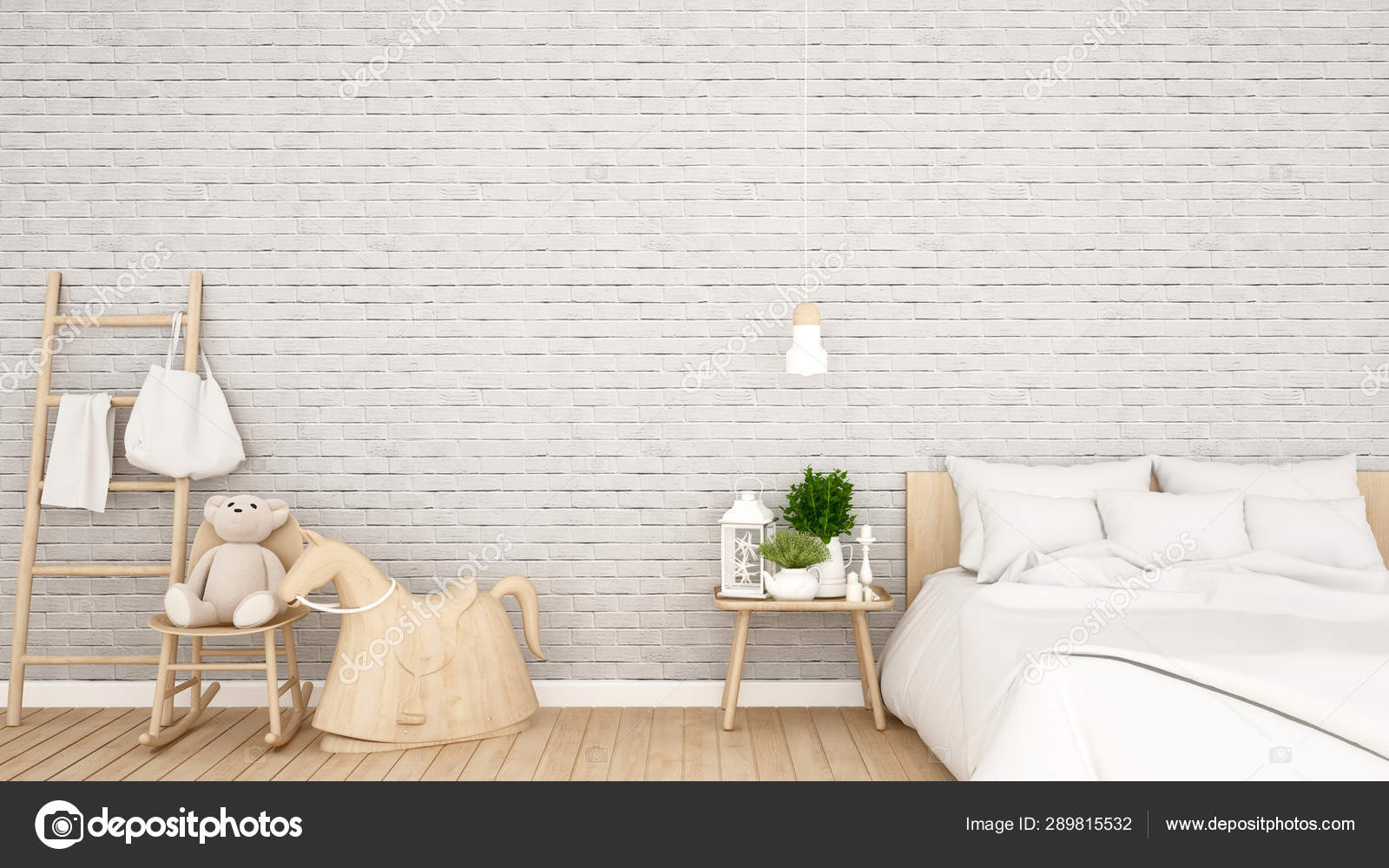 Bedroom And White Brick Wall Decorate In Home Or Apartment Bedroom Design For Artwork Kid Room 3d Rendering Stock Photo Image By C Pantowto Gmail Com