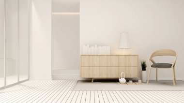 Ev veya daire beyaz tonda yaşam alanı-sanat için oturma odası Asya tarzı-Iç basit tasarım-3D Rendering